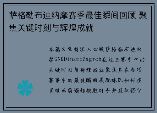 萨格勒布迪纳摩赛季最佳瞬间回顾 聚焦关键时刻与辉煌成就